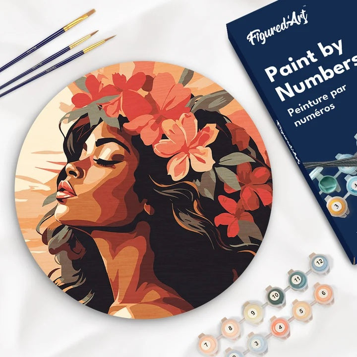 Peinture par numéros Femme Florale sur disque en bois
