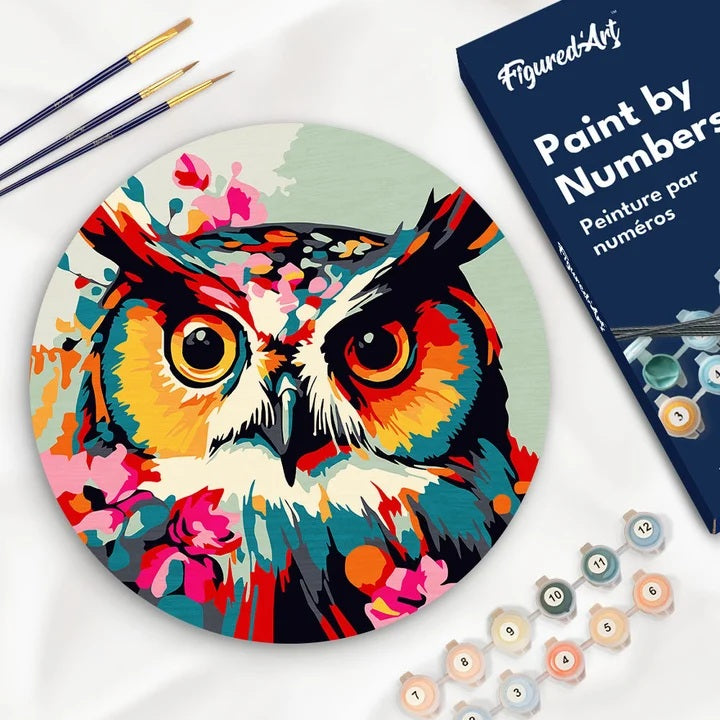 Peinture par numéros Hibou fantaisie & fleurs sur disque en bois