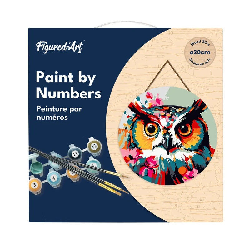 Peinture par numéros Hibou fantaisie & fleurs sur disque en bois