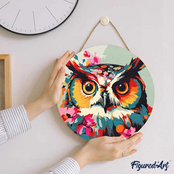 Peinture par numéros Hibou fantaisie & fleurs sur disque en bois