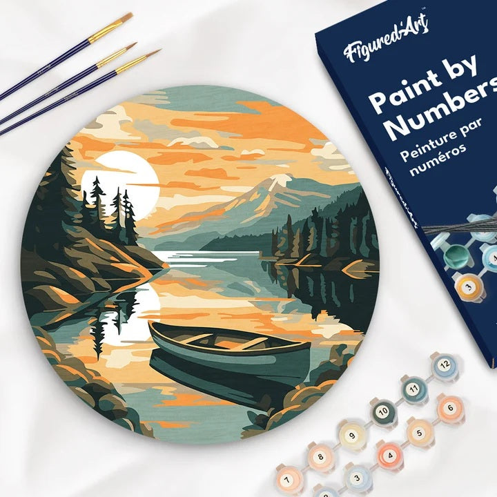 Peinture par numéros Lac de montagne & canoé sur disque en bois 