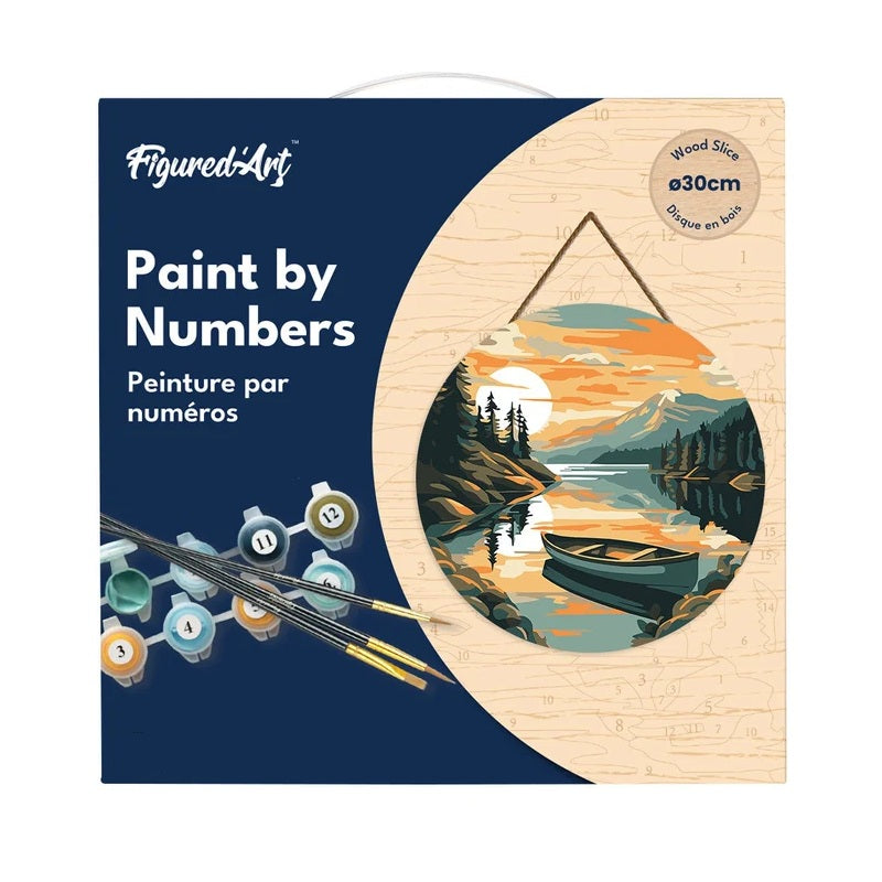 Peinture par numéros Lac de montagne & canoé sur disque en bois 
