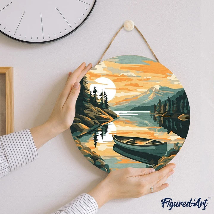Peinture par numéros Lac de montagne & canoé sur disque en bois 