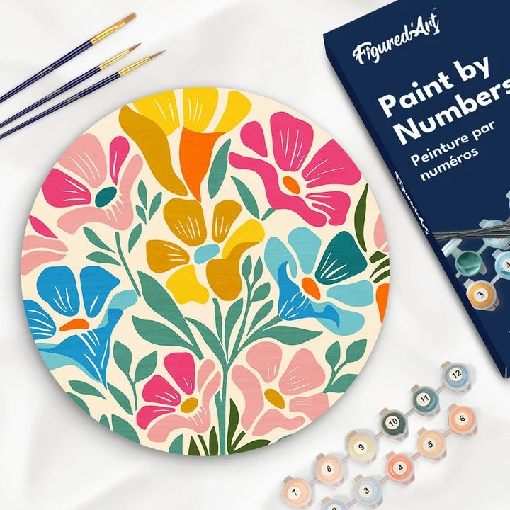Peinture par numéros Fleurs colorées sur disque en bois