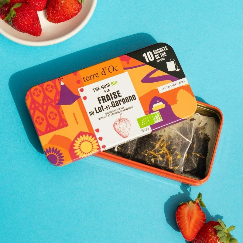 Terre d'Oc - Boîte nomade 10 sachets - Thé noir BIO fraise du Lot-et-Garonne