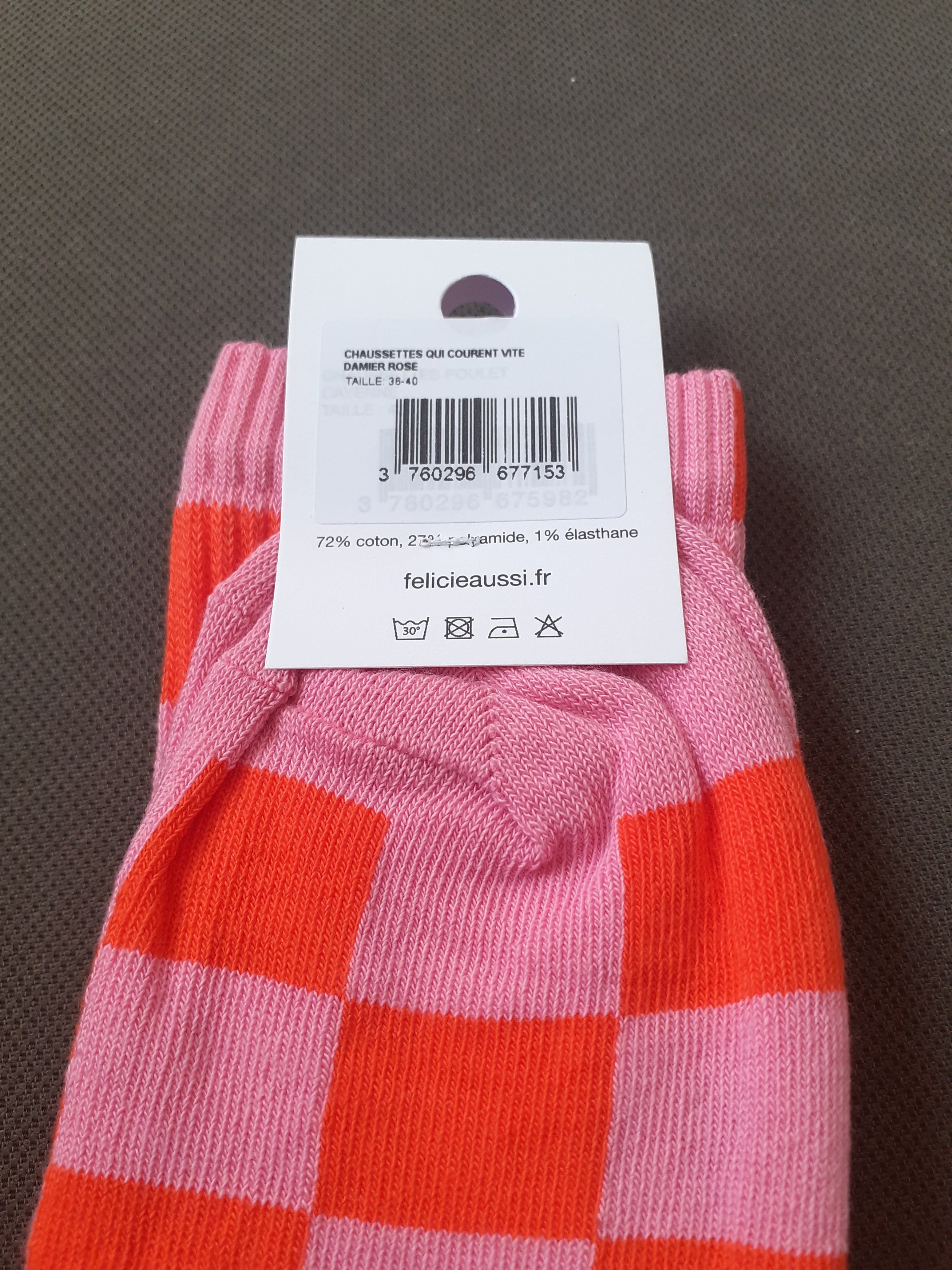 Chaussettes - Courent Vite - damier rose orange 36/40