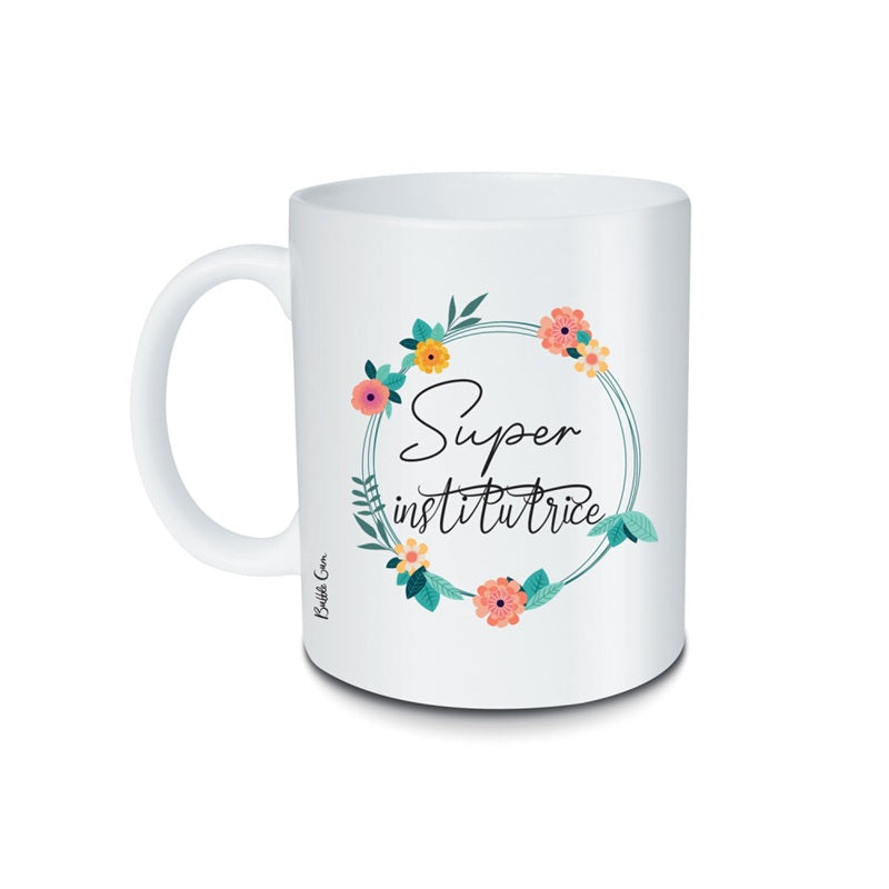 Mug 300ml – Super Institutrice (médaillon fleurs)