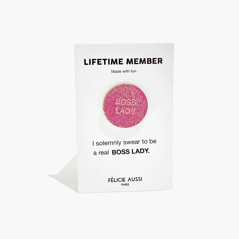 Félicie Aussi - Pin’s à paillettes - BOSS LADY - rond fuchsia