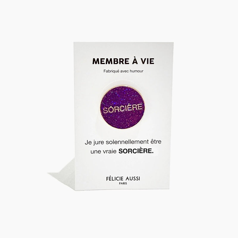 Félicie Aussi - Pin’s à paillettes - SORCIERE - rond violet