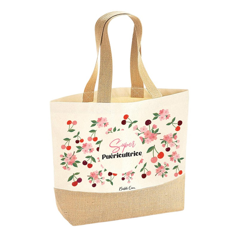 Sac Coton/Jute - Super Puéricultrice (cerises)