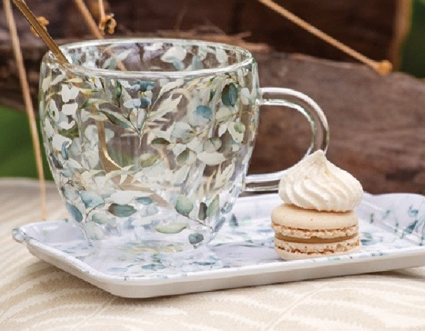 Tasse 200ml en verre double paroi et plateau mélaminé Eucalyptus All Over