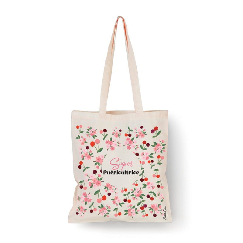 Tote bag naturel - Super Puéricultrice (cerises)